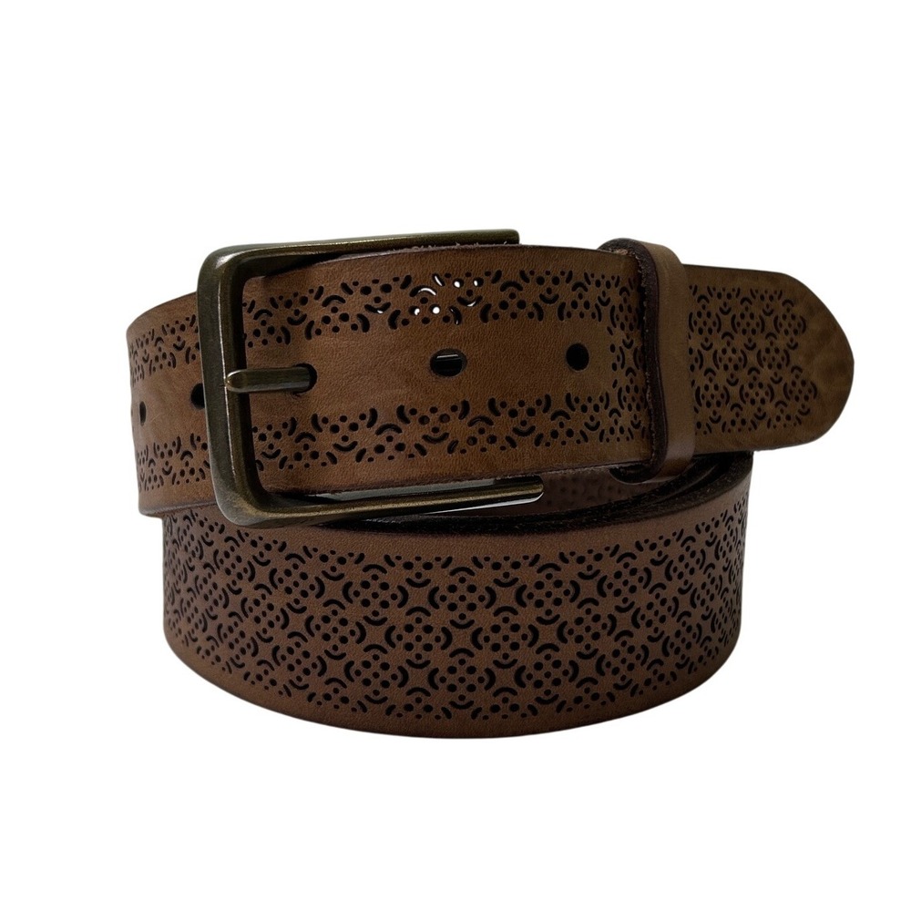 Brave Leather Unisex Perforated Geometric Italian Leather Belt Size 40 Brown